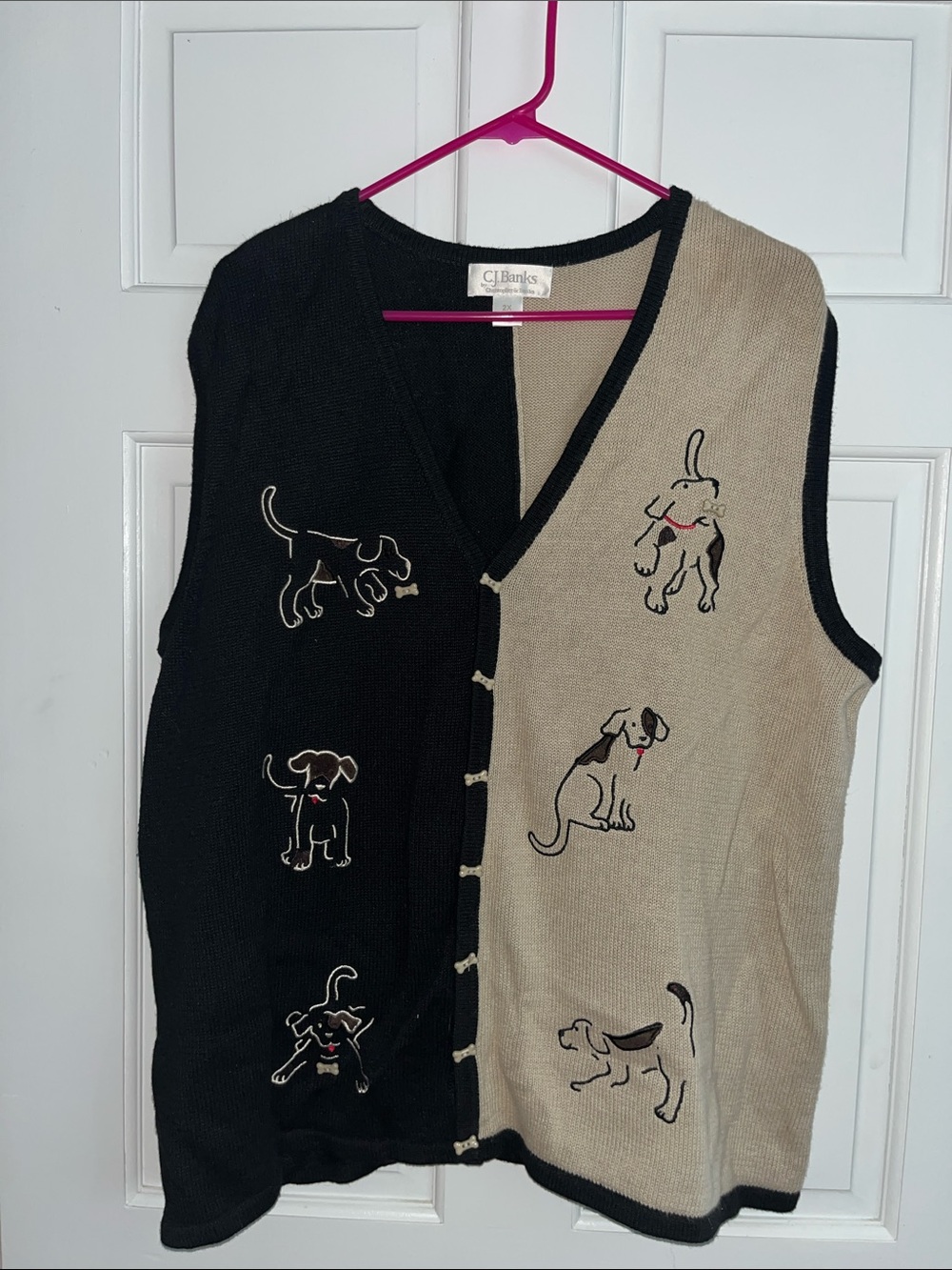 CJ Banks Black and Tan Dog Embroidered Knit Vest